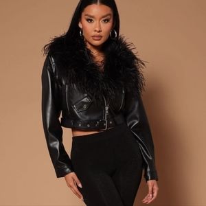 Faux leather jacket with fur feather collar black moto cropped Winter
